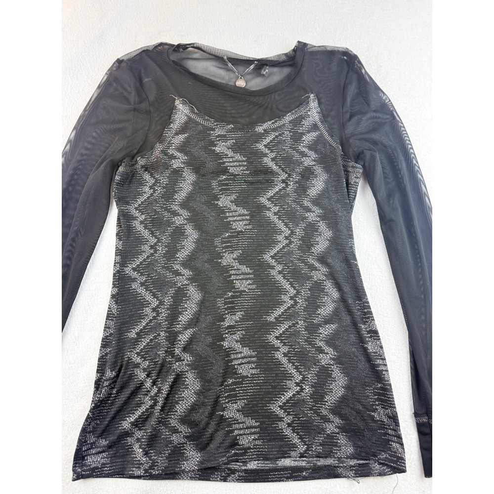 BKE Boutique Long Sleeve Mesh Top Black Silver Geometric Pattern Party - Picture 2 of 10